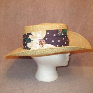 Vtg Stetson Ace Women's Straw Cowboy Hat Size L Floral Hat Band Logo Pin Western